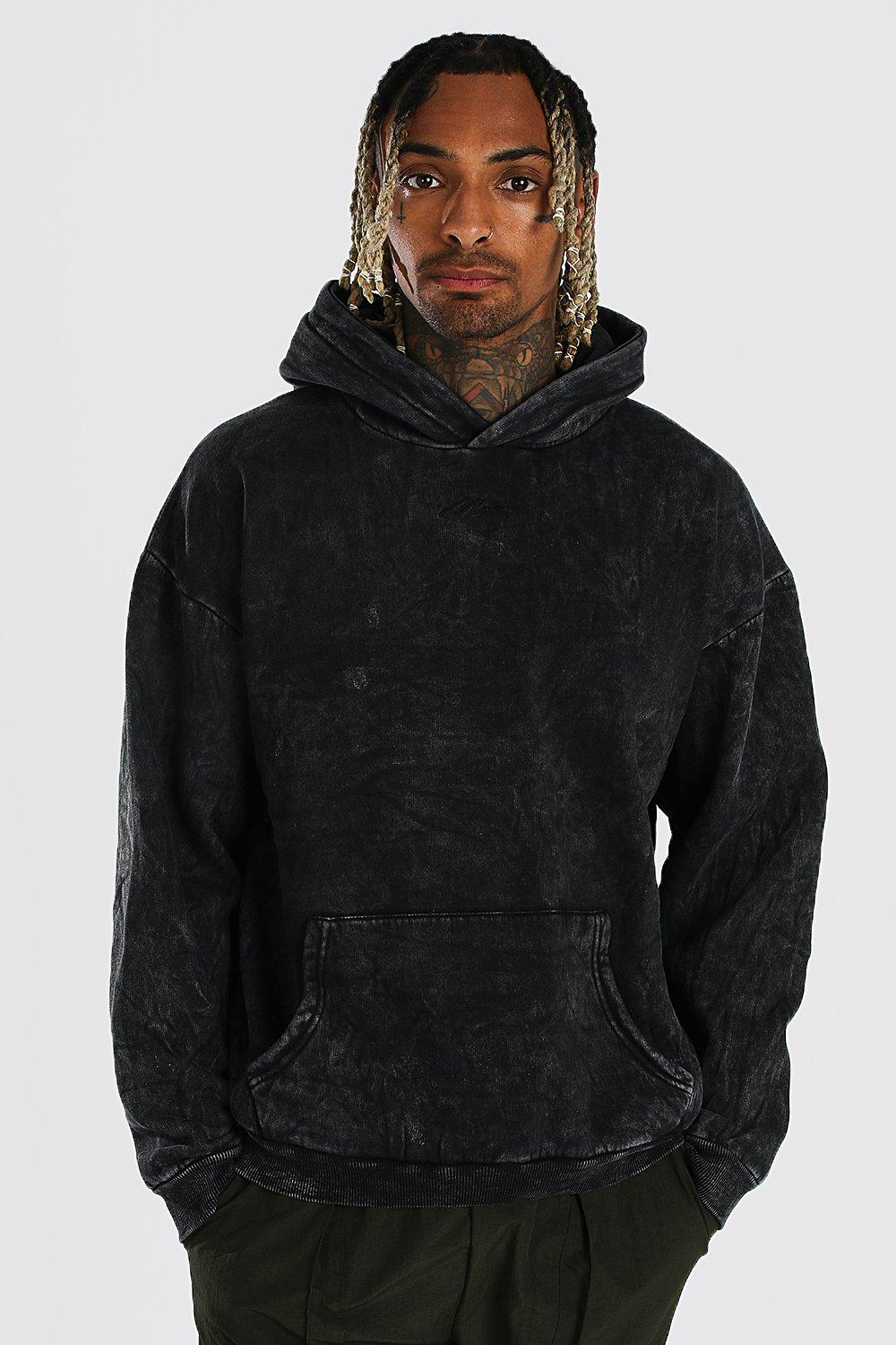 Mens black acid wash hoodie new arrivals